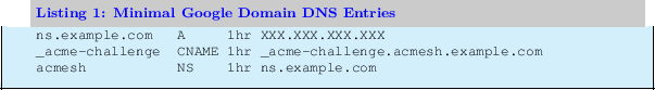 \begin{lstlisting}[label=GOOGLE,caption=Minimal Google Domain DNS Entries]
ns.ex...
..._acme-challenge.acmesh.example.com
acmesh NS 1hr ns.example.com
\end{lstlisting}