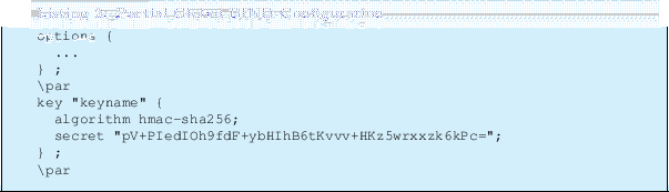 \begin{lstlisting}[label=KEYFILE,caption=Partial Global BIND Configuration]
opti...
...ecret ''pV+PIedIOh9fdF+ybHIhB6tKvvv+HKz5wrxxzk6kPc='';
} ;
\par
\end{lstlisting}